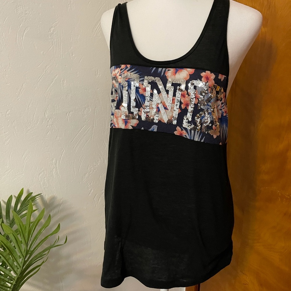Victoria's Secret Pink Black Sequence Logo Tank Size XS Light Flowy & Comfy
